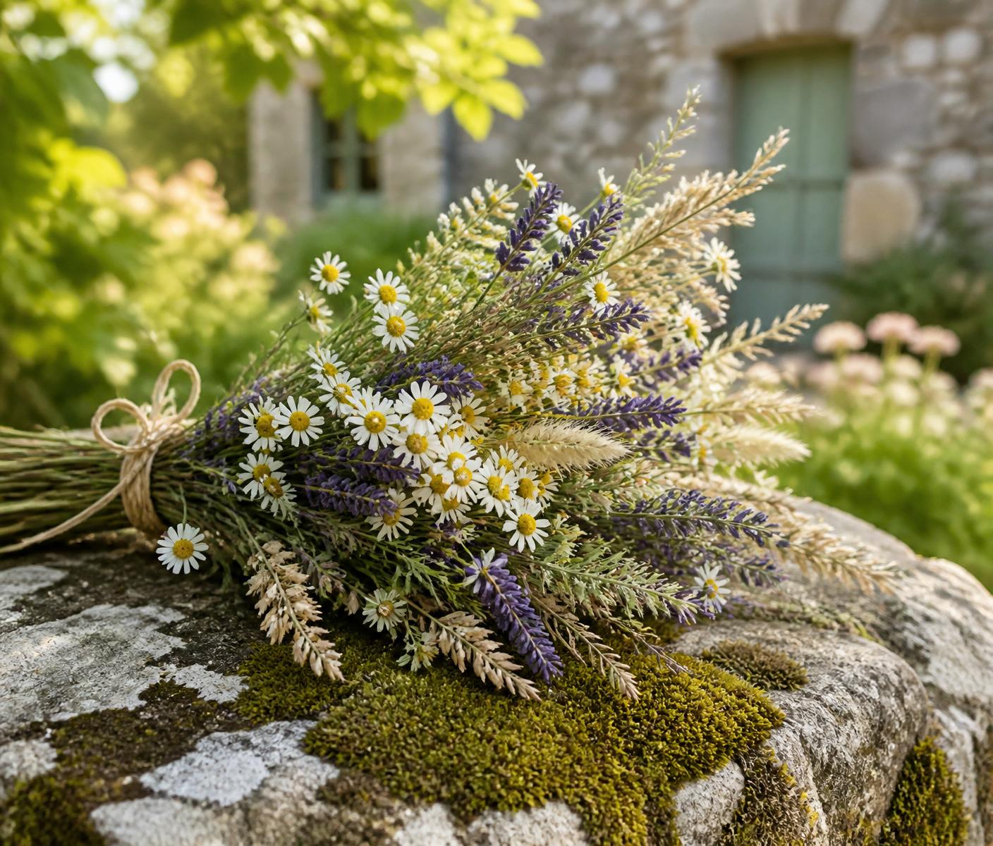 Bouquet de fleurs sauvages déposé sur une pierre moussue
