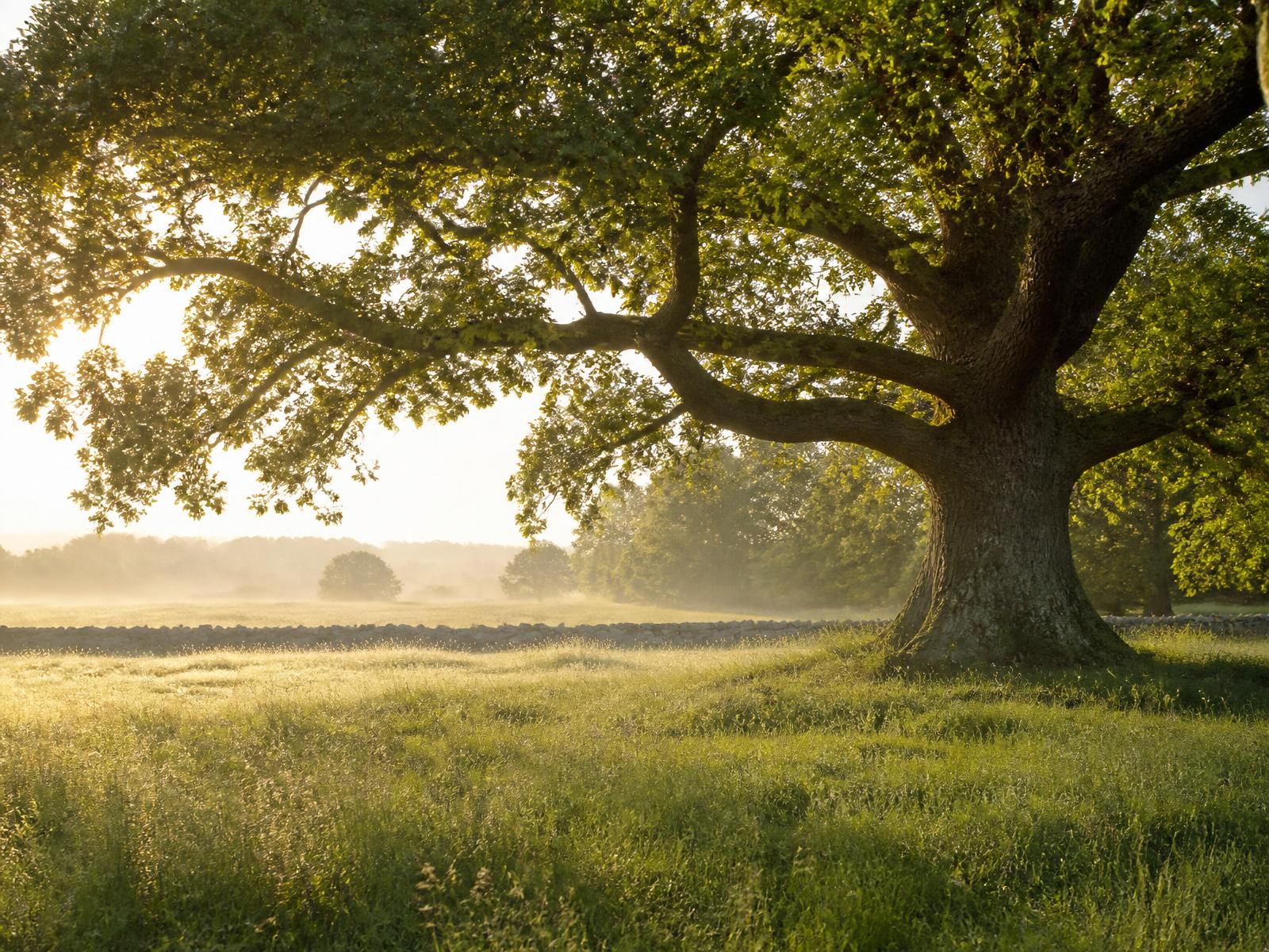 Lumière du matin sous un chêne ancien dans un paysage breton